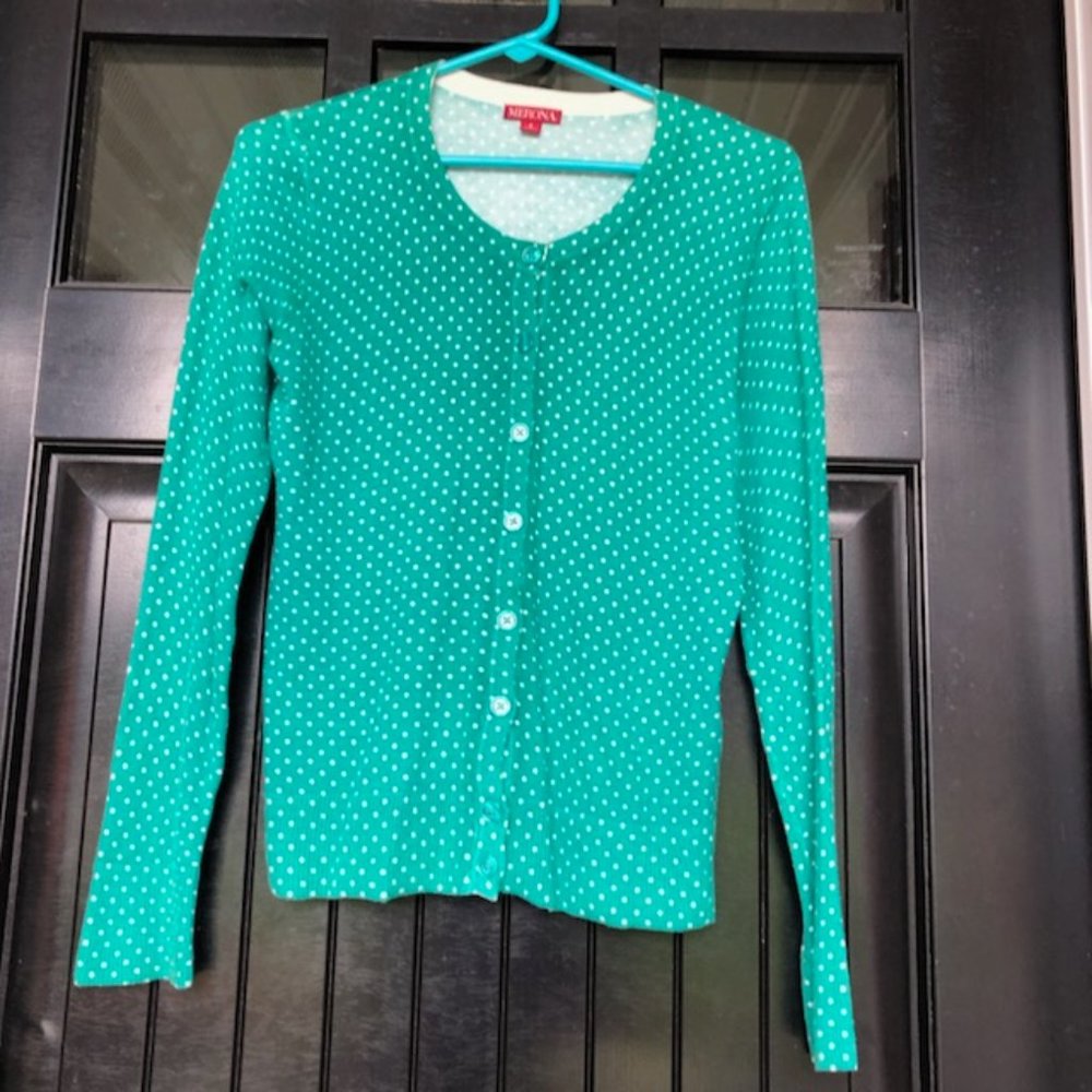 Merona green polka dotted cardigan sweater, size S